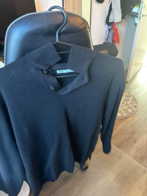 Svart långärmad tröja från Zara - Klassisk svart långärmad tröja från Zara med krage och knappar vid halsen. Tröjan har en enkel och stilren design som passar till det mesta. Perfekt för dig som gillar en clean look och vill ha något bekvämt och snyggt.