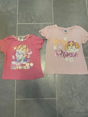 Två rosa Paw Patrol t-shirts - Säljer två söta rosa t-shirts med Paw Patrol-motiv. Ena har texten 'Hello Summer!' och färgglada tryck, den andra har Skye och texten 'Skye in Bloom' med paljetter och blommor. Perfekta för dig som gillar gulliga och lekfulla plagg.