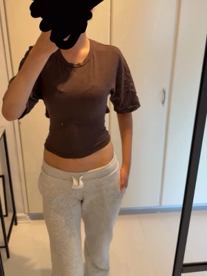Brun croppad topp med knyt i ryggen - Säljer en brun croppad topp med korta ärmar och snygg knytning i ryggen. Toppen har en tight passform och är perfekt för dig som gillar en enkel men trendig stil. Materialet känns mjukt och stretchigt, troligen bomull eller en bomullsblandning.