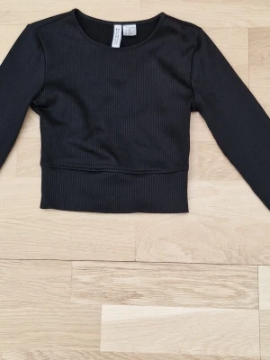 Svart ribbad croppad topp H&M Divided - Svart croppad långärmad topp från H&M Divided. Toppen är ribbad och har en rund halsringning. Perfekt att matcha med höga jeans eller kjol för en trendig look.