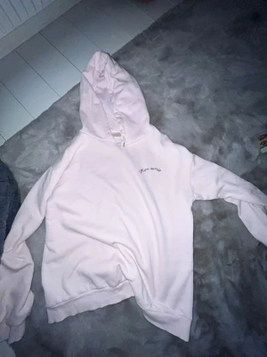Ljusrosa hoodie med tryck Mon amie - Säljer en ljusrosa hoodie med huva och trycket 'Mon amie' på bröstet samt ett större hjärta med pil och text på ryggen. Hoodien har ribbade muddar vid ärmslut och nederkant. Mjuk och skön, perfekt för chill dagar.