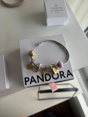 Pandora armband med berlocker - Snyggt Pandora armband i silverfärg med flera berlocker i guld- och silvertoner. Armbandet har detaljer som hjärta, lås, nyckel och en rosa pärlberlock. Perfekt accessoar för att lyfta din stil och visa din personlighet. Går helst inte ned i pris 