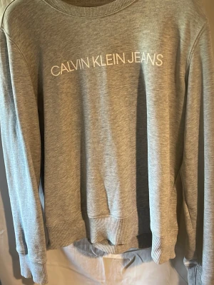 Grå sweatshirt från Calvin Klein Jeans - Snygg grå sweatshirt från Calvin Klein Jeans med vit logga tryckt över bröstet. Tröjan har rund halsringning, ribbade muddar vid ärmslut och nederkant samt en avslappnad passform. Perfekt för en casual och trendig look.