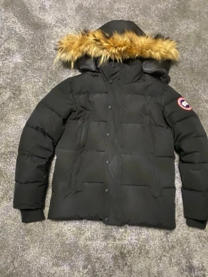 Svart dunjacka från Canada Goose - Säljer en svart dunjacka från Canada Goose med avtagbar huva och snygg fuskpäls. Jackan har klassisk patch på ärmen och stora, quiltade partier. Perfekt för kalla vinterdagar och riktigt varm. Köp din perfekta vinter jacka inför vintern.