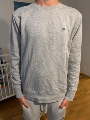 Ljusgrå sweatshirt med liten logga - En stilren ljusgrå sweatshirt med rund hals och liten broderad logga på bröstet. Tröjan har långa ärmar och ribbade muddar vid ärmslut och nederkant. Perfekt för en avslappnad och enkel look.