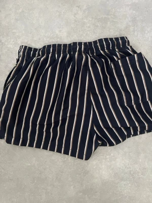Randiga marinblå shorts med snörning - Säljer ett par marinblå shorts med vita vertikala ränder och snörning i midjan. Shortsen har elastisk midja och sidofickor, perfekta för sommardagar. Lätta och sköna att bära, passar till både chill och aktivitet.