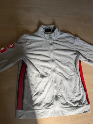 Grå zip hoodie från Calvin Klein - Snygg grå zip hoodie från Calvin Klein med röda detaljer och logga på ärmen. Tröjan har hög krage, dragkedja framtill och ribbade muddar vid ärmslut och nederkant. Perfekt för en avslappnad och trendig look.
