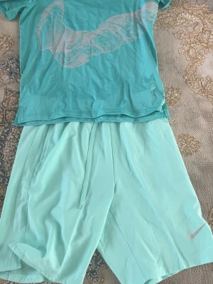 Ljusblå Nike shorts med snörning - Snygga ljusblå shorts från Nike med snörning i midjan och diskret logga på benet. Shortsen har en relaxed passform och är perfekta för träning eller chill. Tillverkade i ett lätt och svalt syntetmaterial.