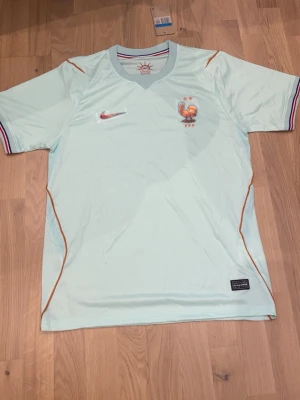 Ljusblå Frankrike fotbollströja Nike - Snygg ljusblå fotbollströja från Nike med Frankrikes landslagslogga och två stjärnor på bröstet. Tröjan har korta ärmar med rödblå-vita detaljer vid ärmsluten och orangea linjer längs sidorna. Perfekt för fotbollsträning eller match.