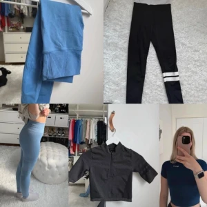Träningskläder klädpaket  - Klädpaket Säljer ett set med sportkläder: blåa sömlösa tights, svarta tights med vita ränder vid vaden, en svart kortärmad zip-tröja och en blå tight sport-topp. Perfekt för gymmet eller löpning. Materialet är stretchigt och följsamt för maximal komfort. Alla kläder ingår storlek xs  från bland annat stronger mm 