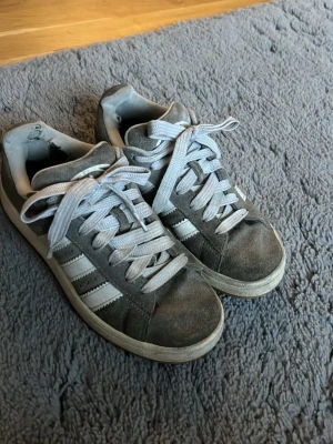 Gråa Adidas Campus sneakers  - Snygga grå Adidas Campus sneakers med vita skosnören. Skorna har en låg profil och en slitstark gummisula med bra grepp. Ovandelen är i mockaliknande material och designen är enkel men stilren. Säljer domma skor för dom ej passar längre. Stl 37👍👍