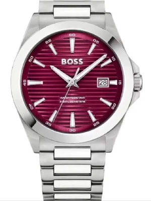 Hugo Boss herrklocka rostfritt stål - Hugo Boss herrklocka i rostfritt stål med röd urtavla. Klassisk länk och analogt ur med tydliga indexmarkeringar.  Oanvänd i sin låda.                                                                                                             Kvitto finns skickas digital vid efterfrågan Varumärke Boss Artikelnummer 1514174 Ean 7613272613842 Kön Herr Mekanismtyp Quartz Display Analogical Material Stainless steel Färg Grey, Red Glastyp Mineral Låstyp Butterfly Vattentålighet 5atm Mått 45MM Övrigt 