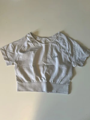 Vit croppad topp från ICANIWILL S - Säljer en vit croppad topp från ICANIWILL med korta ärmar och rund hals. Toppen har ribbad kant nedtill och är perfekt för träning. Använd endast ett fåtal gånger så den är i mycket gott skick