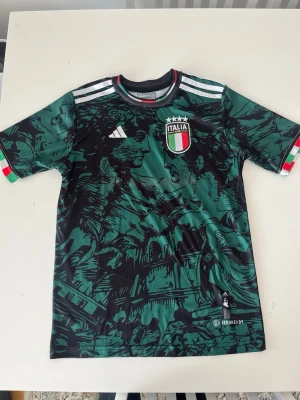 Italien fotbollströja Adidas grön - Snygg grön fotbollströja från Adidas med Italiens landslagsmärke på bröstet och vita Adidas-ränder på axlarna. Tröjan har ett unikt svart konstnärligt mönster och detaljer i Italiens flaggfärger vid ärmsluten. Tillverkad i lätt och ventilerande material.
