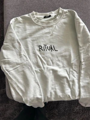 Vit sweatshirt med texten RITUAL - Säljer en vit sweatshirt från NEUW med svart texten 'RITUAL' tryckt både fram och bak. På baksidan finns även mindre tryck med 'ART BY JEREMY GARA 2021'. Tröjan har rund halsringning och ribbade muddar. Perfekt för dig som gillar streetwear och unik design.