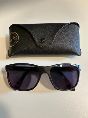 Svarta Ray-Ban solglasögon - Snygga svarta solglasögon från Ray-Ban med klassisk, fyrkantig form och mörka glas. Bågarna är i blank svart plast och glasen har en mörk ton som ger cool look. Kommer med original Ray-Ban fodral i svart skinnimitation.