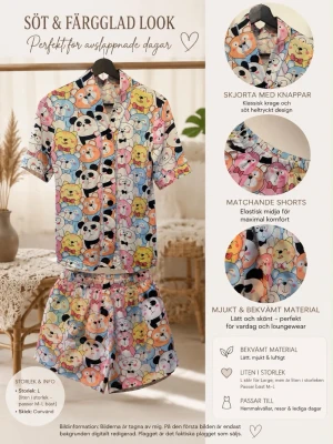 Färgglad pyjamas med djurmotiv - Supersöt pyjamas med skjorta och matchande shorts i ett färgglatt mönster med gulliga djuransikten. Skjortan har klassisk krage och knappar, shortsen har elastisk midja för extra komfort. Tillverkad i mjukt och lätt material som känns skönt mot huden.