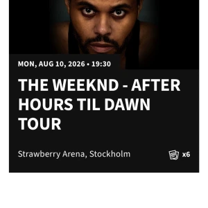 1 st the Weeknd ståplats  - Säljer 1  stå platse vänster sida till augusti 10 the weeknd konsert. Priset är 2000kr 