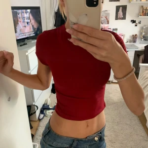 Mörkröd croppad t-shirt - Säljer en mörkröd croppad t-shirt med korta ärmar och rund hals. Toppen har en tight passform och är perfekt att styla med jeans eller kjol. Materialet känns mjukt och stretchigt, vilket gör den superbekväm.