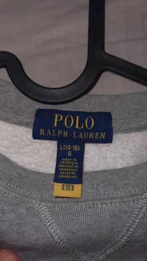 Grå sweatshirt från Polo Ralph Lauren - Snygg grå sweatshirt från Polo Ralph Lauren med klassisk rund hals och diskret blå logga broderad på bröstet. Tröjan har långa ärmar och ribbade muddar vid ärmslut och nederkant. Perfekt för chill dagar och enkel att matcha med jeans eller joggers.