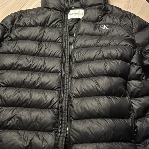 Svart dunjacka från Calvin Klein Jeans - Säljer en svart dunjacka från Calvin Klein Jeans med diskret CK-logga på bröstet. Jackan har horisontella quiltade paneler, dragkedja framtill och två sidofickor med dragkedja. Perfekt för kalla dagar och har en clean, modern look.