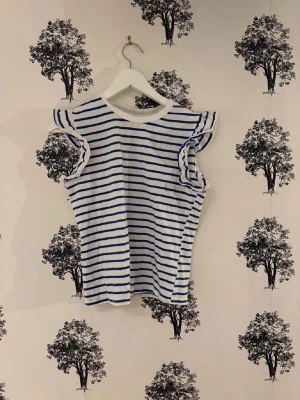 Randig volangtopp från SHEIN - Säljer en vit och blå randig topp från SHEIN i storlek XS. Toppen har volangdetaljer vid ärmöppningarna och är ärmlös. Tillverkad i mjuk bomull, perfekt för en fräsch och avslappnad look. Klassisk rund halsringning och croppad passform.