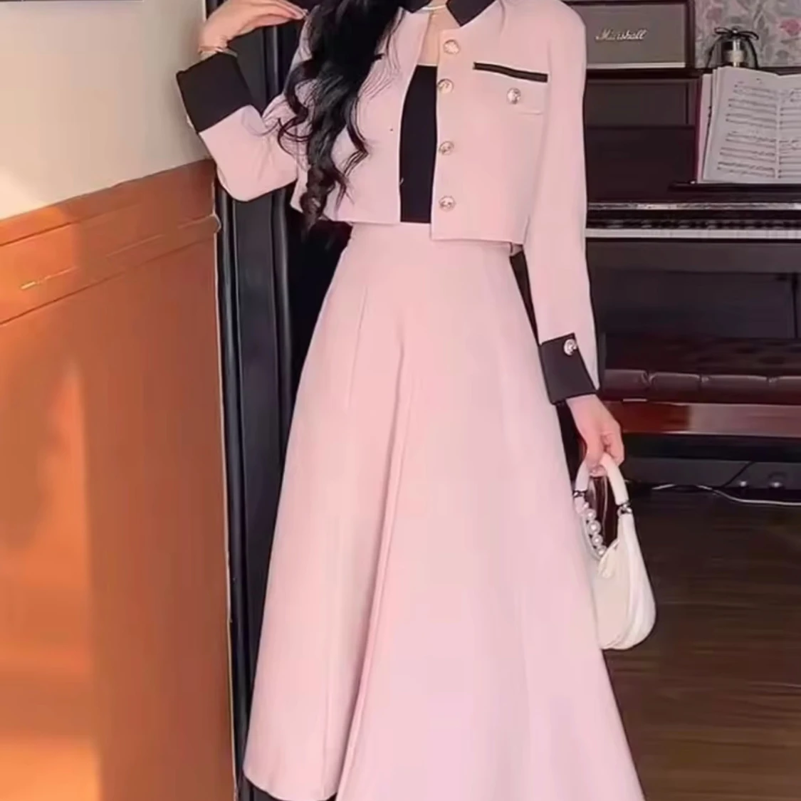 Set topp Ljusrosa och långklänning med knappt