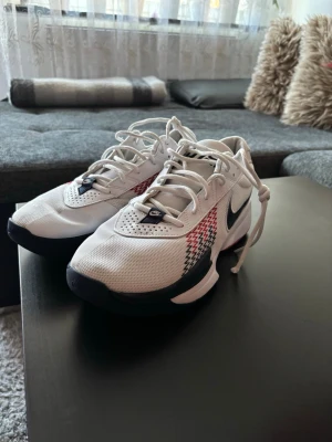Nike Zoom Court Academy sneakers - Säljer ett par Nike Zoom Court Academy sneakers i vitt med mörkblå och röda detaljer. Skorna har snörning, mesh-ovandel och en platt sula med mönstrad undersida. Sidan har ett zigzag-mönster i rött och svart samt en klassisk Nike Swoosh. Perfekta för tennis och träning.