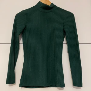 Mörkgrön ribbad polotröja - Säljer en mörkgrön ribbad polotröja med lång ärm och hög krage. Tröjan har en slim passform och är perfekt att styla med jeans eller kjol. Materialet är mjukt och stretchigt, vilket gör den riktigt skön att bära.
