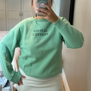Mintgrön sweatshirt från Zara - Säljer en mintgrön sweatshirt från Zara med svart text 'ALWAYS PERFECT' på bröstet. Tröjan har rund hals, långa ärmar och ribbade muddar vid ärmslut och nederkant. Perfekt för chill dagar och enkel att matcha med jeans eller kjol.