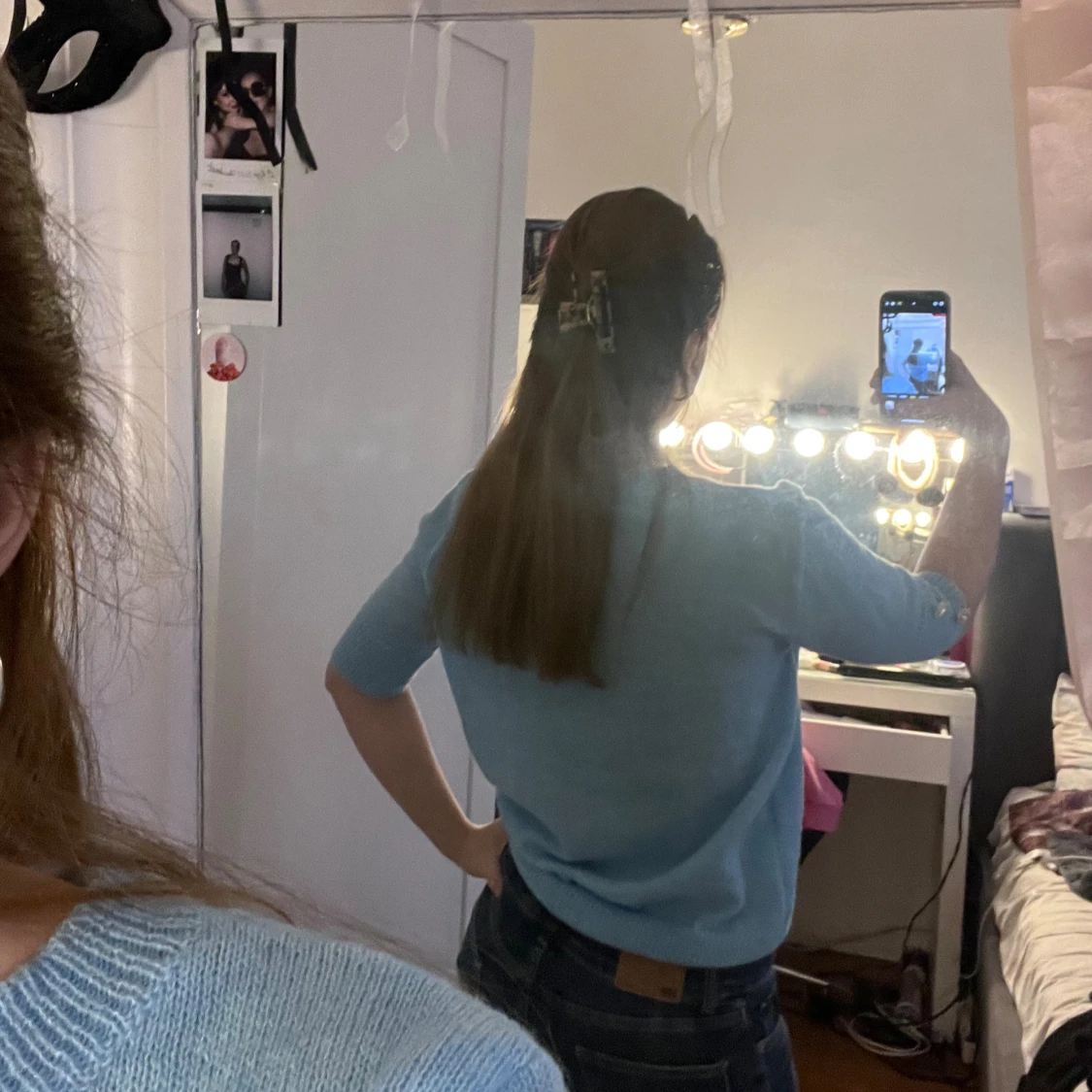 Ljusblå stickad tröja med kort ärm - 1