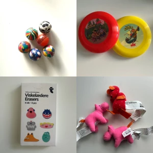 Leksakspaket  - Roligt leksakspaket med blandat smått och gott:  - 6 studsbollar i gummi (helt nya) - 2 frisbees med Kalle Kunskap- motiv (nya) - paket med suddigummin / radergummin med monstermotiv (nytt, oöppnat) - 3-pack små gosedjur från IKEA (helt nya)  Hämtas i Stockholm eller skickas mot porto. 