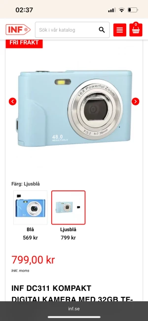 INF DC311 Kompakt Digitalkamera 48MP 16x Zoom Ljusblå - Säljer min INF DC311 är en kompakt digitalkamera med 48MP upplösning, 16x optisk zoom och stöd för foto/video. Levereras med laddare och tillbehör. Perfekt för resor och vardagsbruk. Ljusblå färg, lätt och smidig design. Nyskick, inga synliga defekter. Det är inga fel på kameran den har funkat så himla bra dock fick jag köpa eget minneskort då det inte kom med ett men det är ingen fara. 