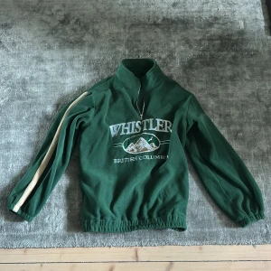 Grön fleece Whistler half zip tröja - Mörkgrön fleece-tröja från Whistler med broderad text och bergmotiv på bröstet. Tröjan har half zip, långärmad design och en beige rand längs ena ärmen. Resår vid ärmslut och midja för en chill oversized passform.