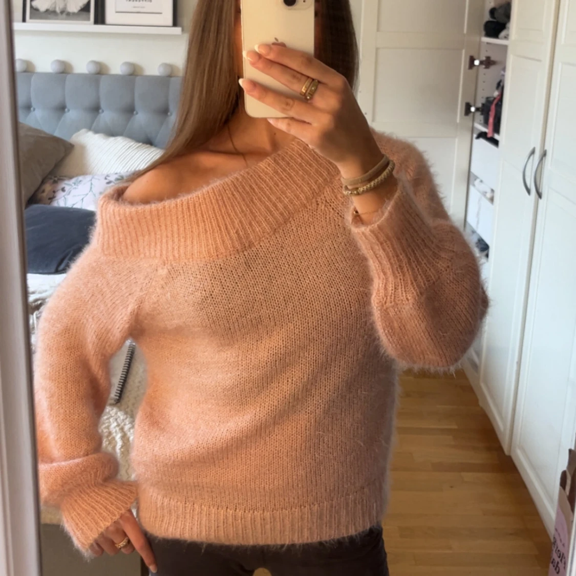Ljusrosa offshoulder stickad tröja - 1