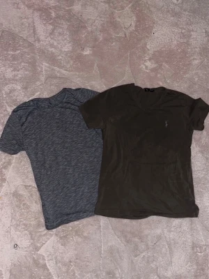 Två t-shirts från Ralph Lauren & Nike - Säljer två snygga t-shirts, en mörkgrå från Ralph lauren med melerat mönster och en brun t-shirt från Ralph Lauren med broderad logga på bröstet. Båda har korta ärmar och klassisk passform, perfekta till jeans eller shorts.