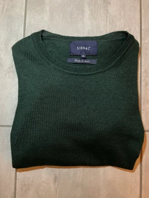 Mörkgrön stickad tröja - Mörkgrön stickad tröja. Tillverkad i Italien och har en klassisk, enkel design som passar perfekt till lager-på-lager. Materialet känns mjukt och bekvämt. Sitter väldigt liten i storleken, Vid funderingar fråga gärna!