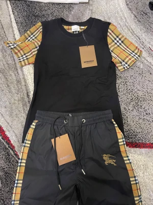 Svart Burberry t-shirt med rutiga ärmar - Svart t-shirt från Burberry med klassiska rutiga ärmar i beige, rött och svart. T-shirten har rund halsringning och normal passform. Ikonisk och stilren design som sticker ut med de typiska Burberry-detaljerna. Perfekt för dig som gillar streetstyle och premiumkänsla.