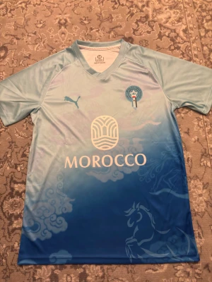 Marocko Puma 25/26 - Snygg Marocko fotbollströja från Puma i storlek M. Tröjan har en ljusblå till mörkblå gradient, korta ärmar och tryckt logga på bröstet. Materialet är lätt och andas, perfekt för match eller träning. Unikt mönster med häst och moln på framsidan.