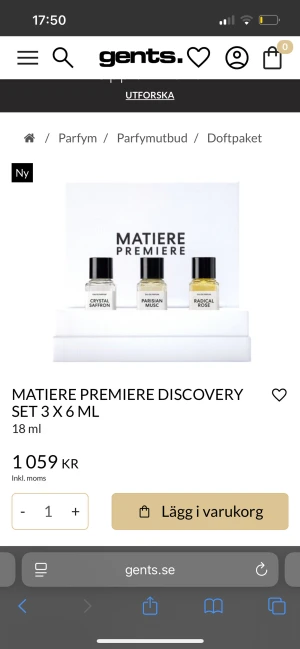 Matiere Premiere Discovery Set 18ml - Upptäck tre unika dofter: Crystal Saffron, Parisian Musc och Radical Rose. Perfekt för dig som vill testa nya parfymer i smidigt format. Setet innehåller 3 x 6 ml och är tillverkat i Frankrike. Ingredienser finns listade på förpackningen.