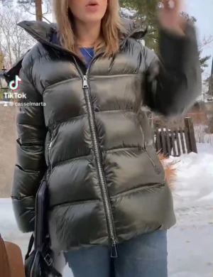 Grön pufferjacka från Massimo Dutti - Säljer en grön pufferjacka från Massimo Dutti med glansig finish och hög krage. Jackan har breda, quiltade sektioner, dragkedja framtill och två sidofickor. Perfekt för kalla dagar och har en modern, loose passform som ger en cool vibe.