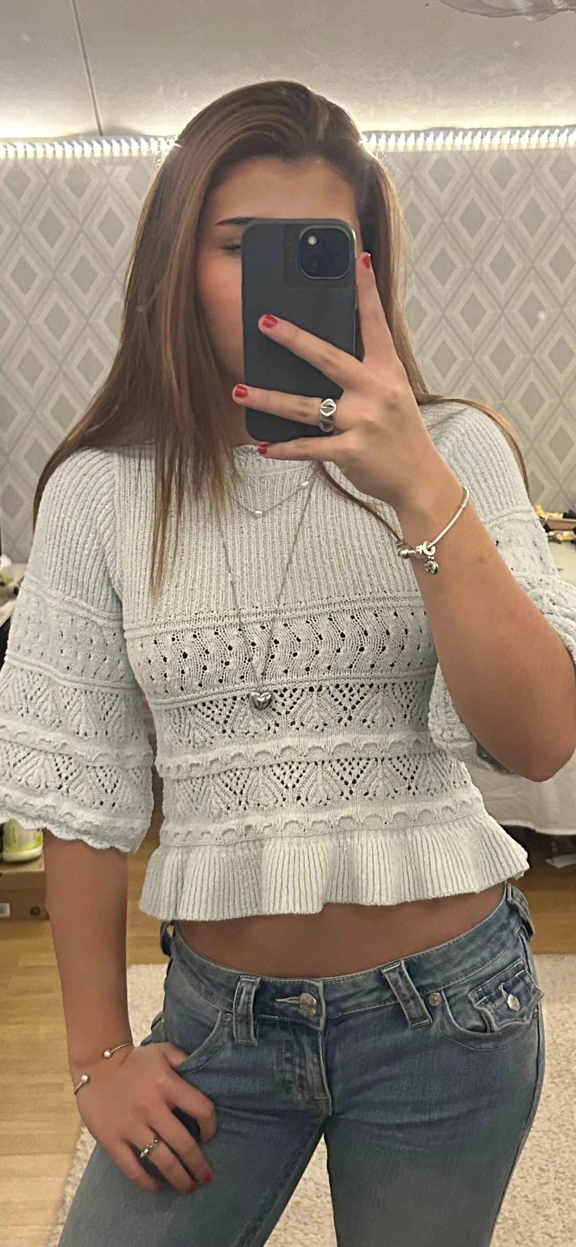 Ljusblå stickad tröja med volang - 5