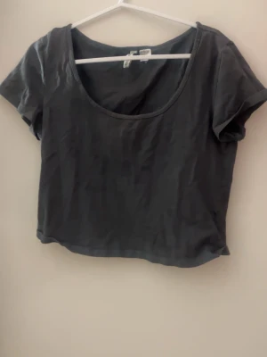 Mörkgrå croppad topp från Divided - Säljer en enkel och stilren mörkgrå croppad topp från Divided. Toppen har korta ärmar och en rundad, lite djupare halsringning. Perfekt att matcha med jeans eller kjol för en chill look.