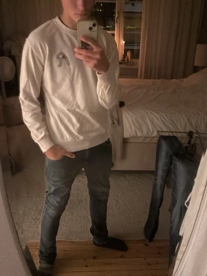 Vit sweatshirt från Replay - Säljer en stilren vit sweatshirt från Replay med rund halsringning och ett grått 'R'-tryck med röd detalj på bröstet. Tröjan har ribbade muddar vid ärmslut och nederkant. Perfekt för en clean och avslappnad look.