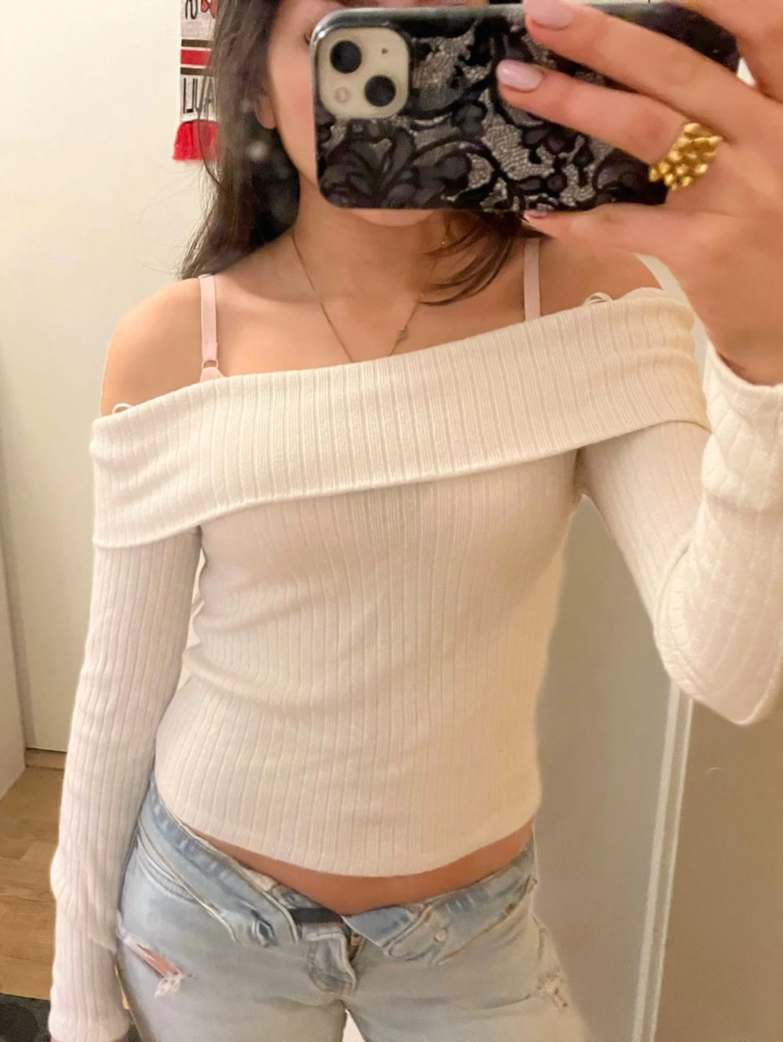 Offshoulder ribbad topp i ljus beige