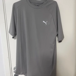 Grå sportig t-shirt från Puma ny pris 370kr - Snygg grå t-shirt från Puma med klassisk logga på bröstet. Modellen är enkel med rund hals och korta ärmar, tillverkad i lätt och ventilerande polyester som passar perfekt för träning. Stilren design utan mönster eller extra detaljer.