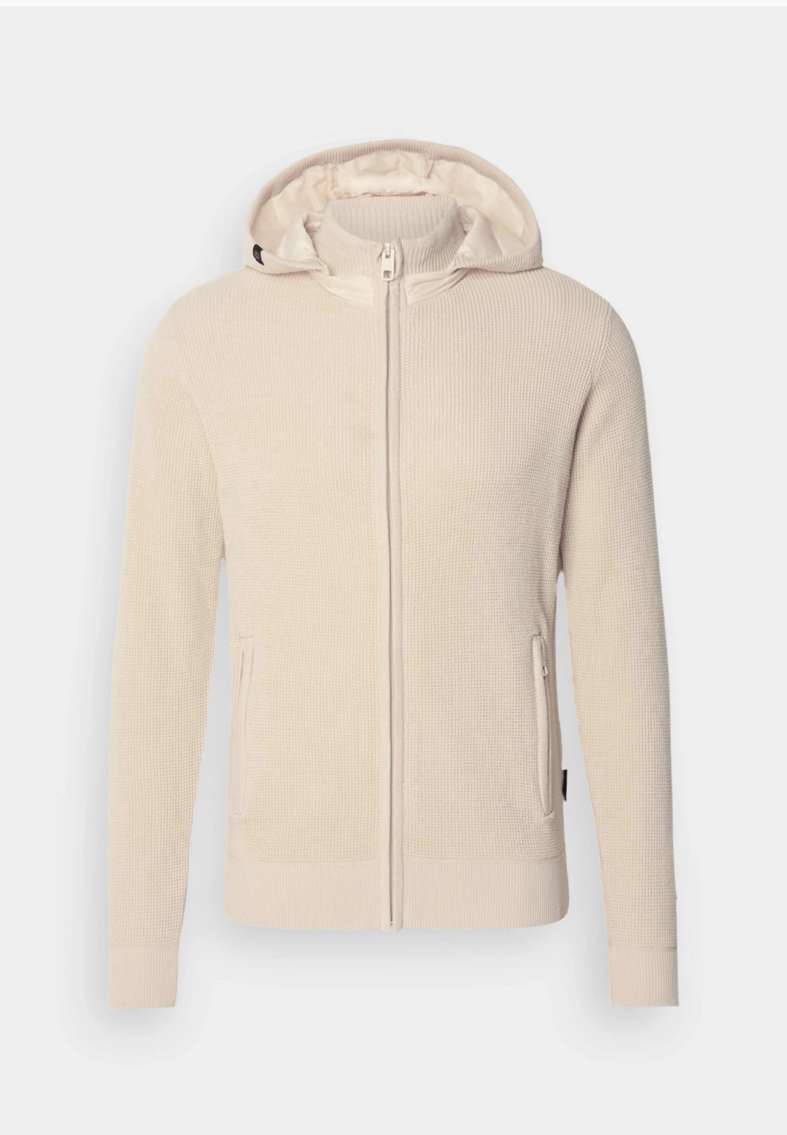 Beige stickad cardigan med huva - 2