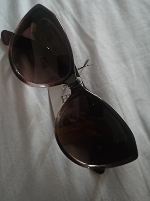 Brun solglasögon  - Snygga solglasögon med stora, kattögonformade bågar i mörkbrun plast. Glasen är tonade och bågarna har guldfärgade Loewe-loggor på sidorna. Perfekt accessoar för att lyfta din stil under soliga dagar.
