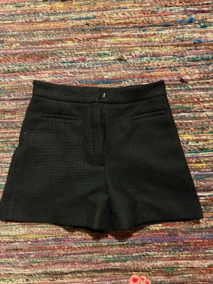 Svarta högmidjade shorts från Dagmar - Säljer ett par svarta högmidjade shorts från Dagmar i storlek 34. De har en grovstickad struktur och stilrena fickor framtill. Passformen är normal och materialet känns som en blandning av syntet och bomull. Perfekta för dig som gillar en clean och modern look.