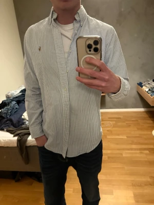 Randig skjorta från Polo Ralph Lauren - Säljer en fräsch vit och blå randig skjorta från Polo Ralph Lauren, custom fit. Skjortan har klassisk krage, knappar framtill och lång ärm. Materialet är mjuk bomull och den har den ikoniska broderade loggan på bröstet. Perfekt för dig som gillar stilrena och tidlösa plagg.